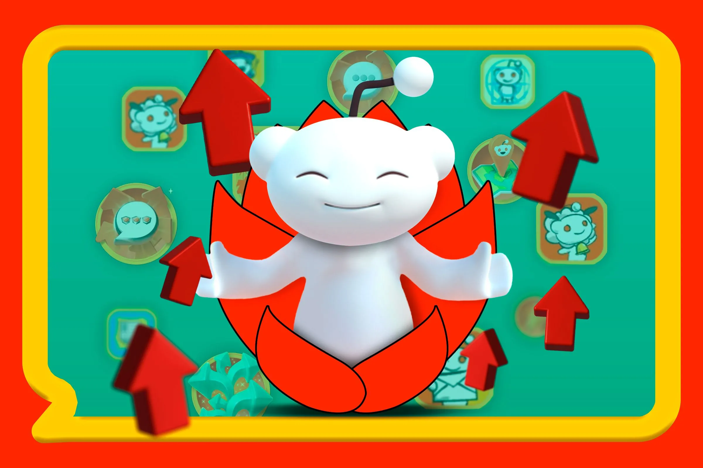 Linh vật Reddit (Snoo) đang thiền định, xung quanh là các biểu tượng karma và danh hiệu, thể hiện sự tập trung vào kiến thức và cộng đồng chuyên sâu