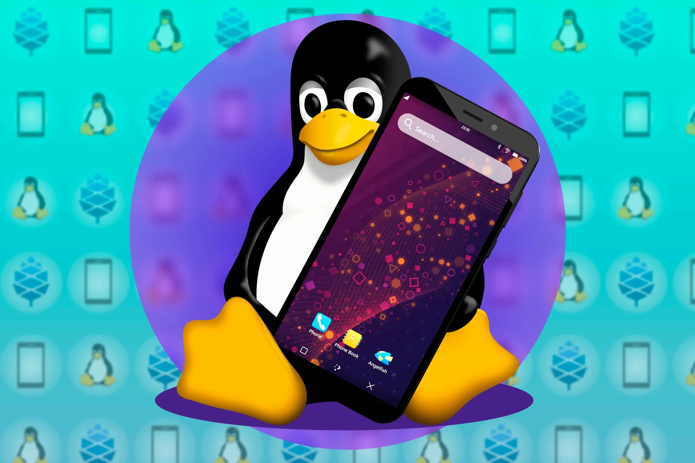 Linh vật Tux của Linux đang cầm một chiếc điện thoại thông minh