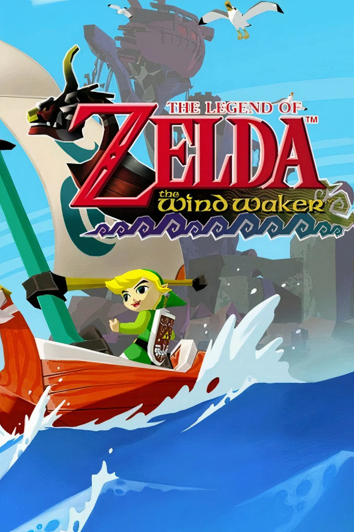 Link trong The Legend of Zelda: The Wind Waker với phong cách đồ họa cel-shaded độc đáo trên biển