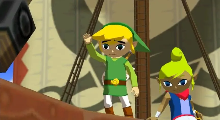 Link và Tetra từ The Legend of Zelda: The Wind Waker, minh họa đồ họa cel-shaded vượt thời gian.