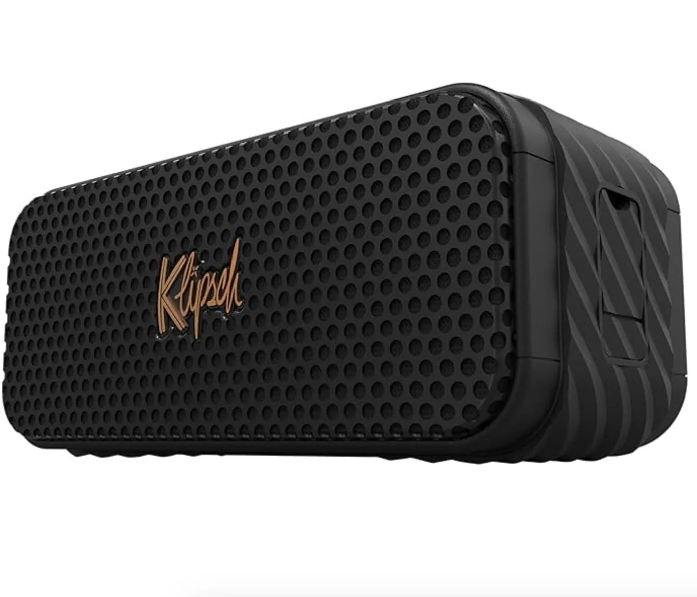 Loa Bluetooth Klipsch Nashville màu đen với logo Klipsch nổi bật, đặt nghiêng, thể hiện thiết kế bền bỉ.
