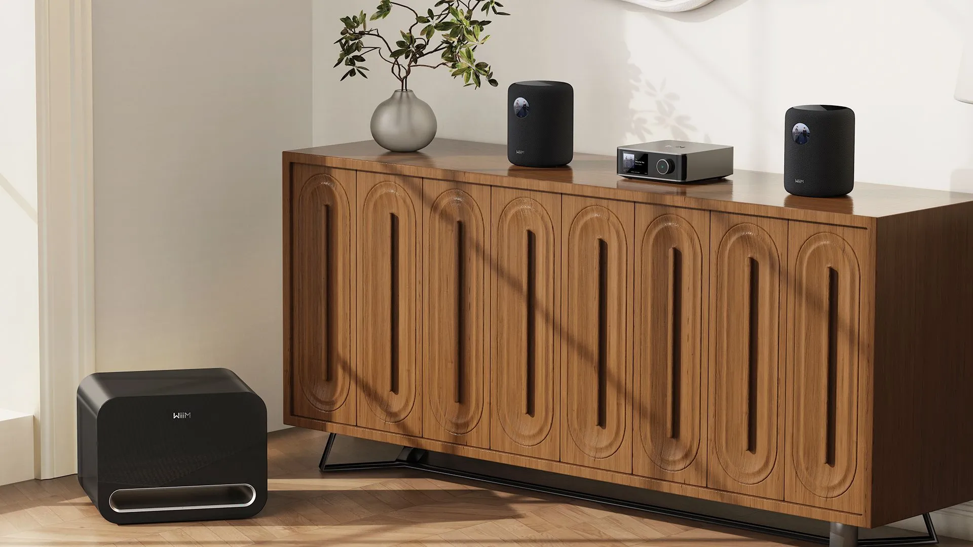 Loa thông minh WiiM Sound màu trắng với thiết kế hiện đại, dễ dàng hòa nhập vào không gian sống