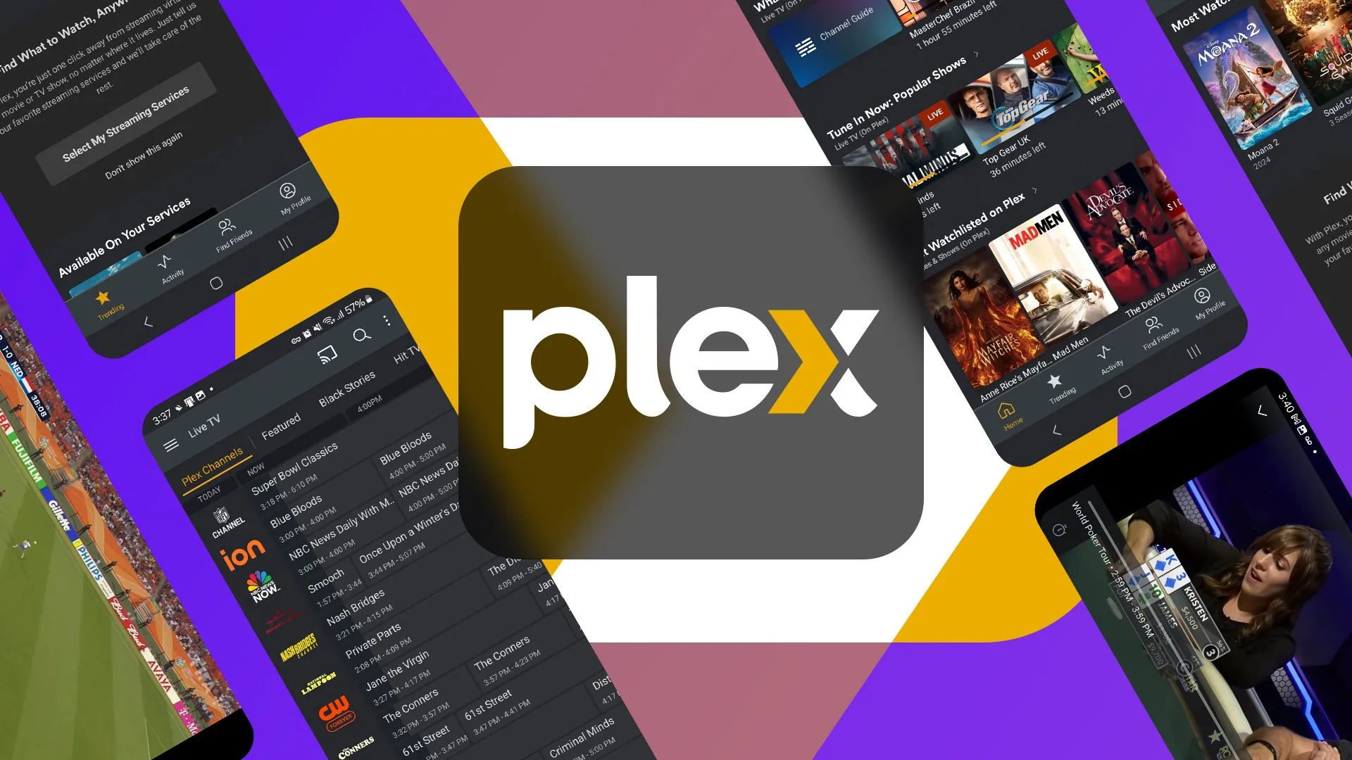 Logo Plex với một số ảnh chụp màn hình ứng dụng bên cạnh, thể hiện giao diện mới