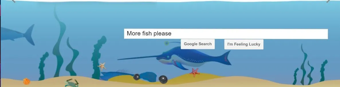Logo và thanh tìm kiếm Google nổi lơ lửng dưới nước trong Easter Egg Google Underwater Gravity
