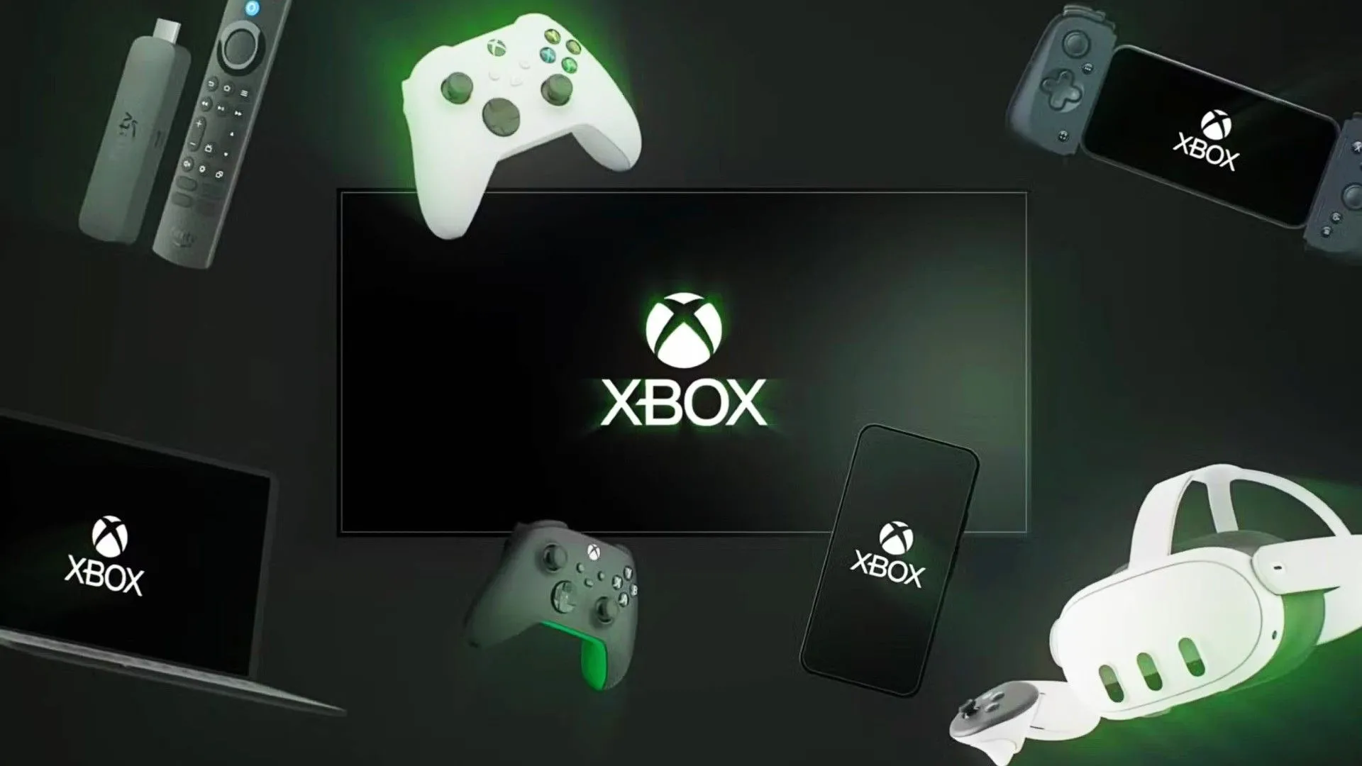 Logo Xbox nổi bật trên nhiều thiết bị và tay cầm chơi game khác nhau, tượng trưng cho hệ sinh thái đa dạng.