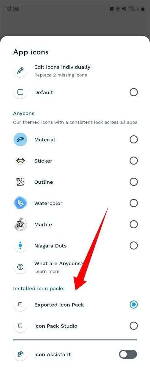 Lựa chọn một gói biểu tượng tùy chỉnh đã tạo từ Icon Pack Studio trong trình khởi chạy Niagara Launcher.