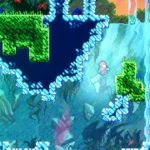 Maddy, nhân vật chính trong Celeste, đang thực hiện pha nhảy trên nền đồ họa pixel art rực rỡ.
