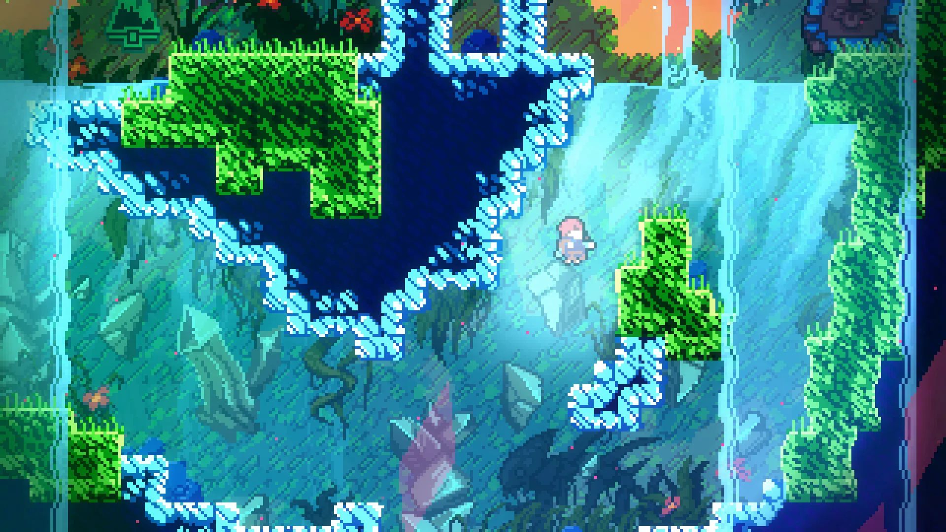 Maddy, nhân vật chính trong Celeste, đang thực hiện pha nhảy trên nền đồ họa pixel art rực rỡ.