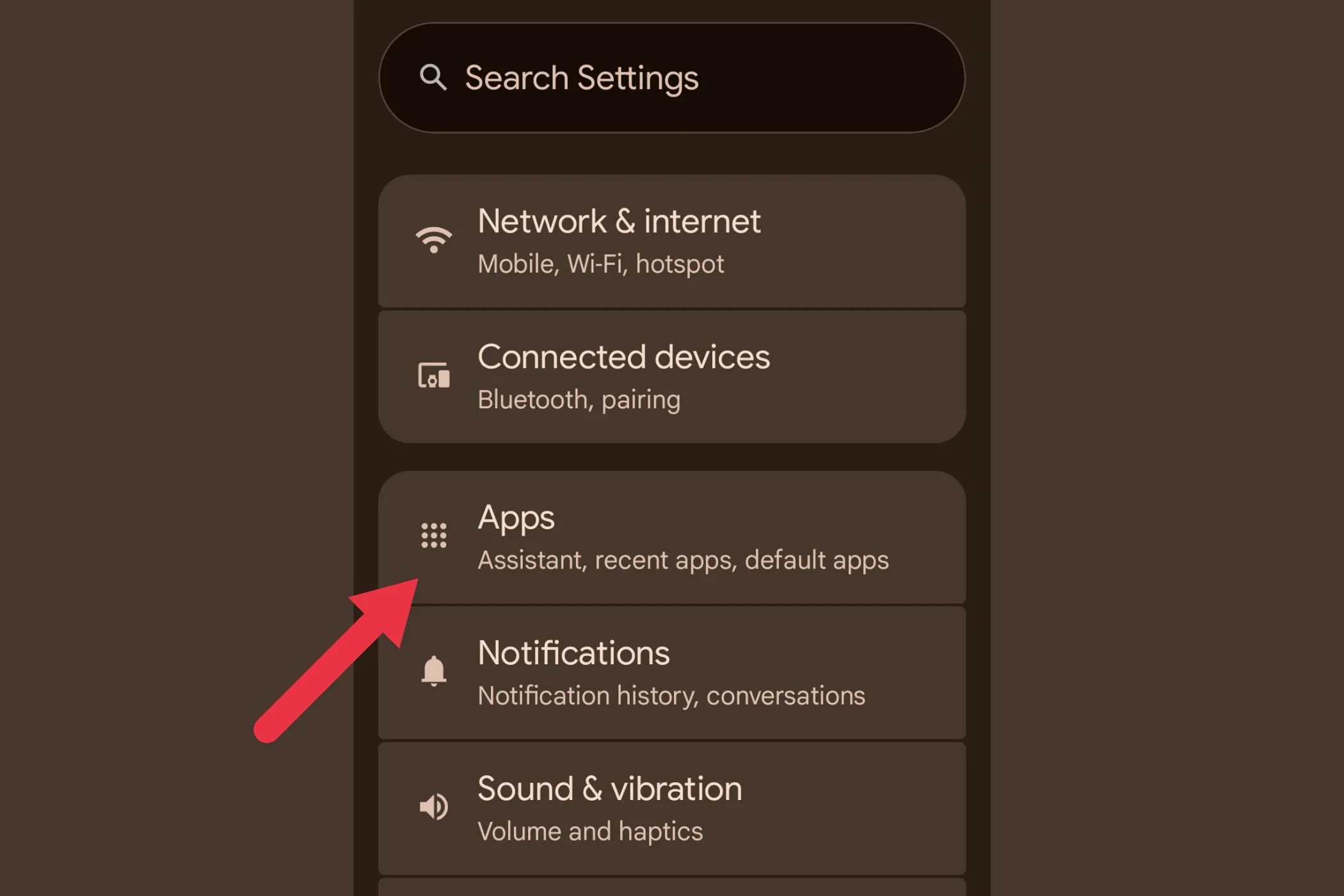 Màn hình cài đặt Android hiển thị mục "Ứng dụng và thông báo"