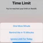 Màn hình cài đặt giới hạn thời gian sử dụng Reddit trong tính năng Screen Time trên iPhone, hiển thị cảnh báo khi đạt giới hạn.