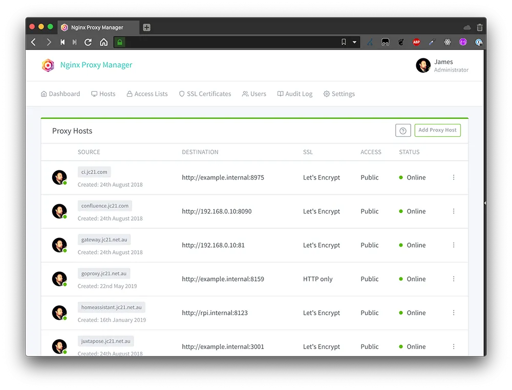 Màn hình cấu hình Proxy Hosts của Nginx Proxy Manager, hiển thị các tên miền đang được sử dụng để truy cập dịch vụ tự host.