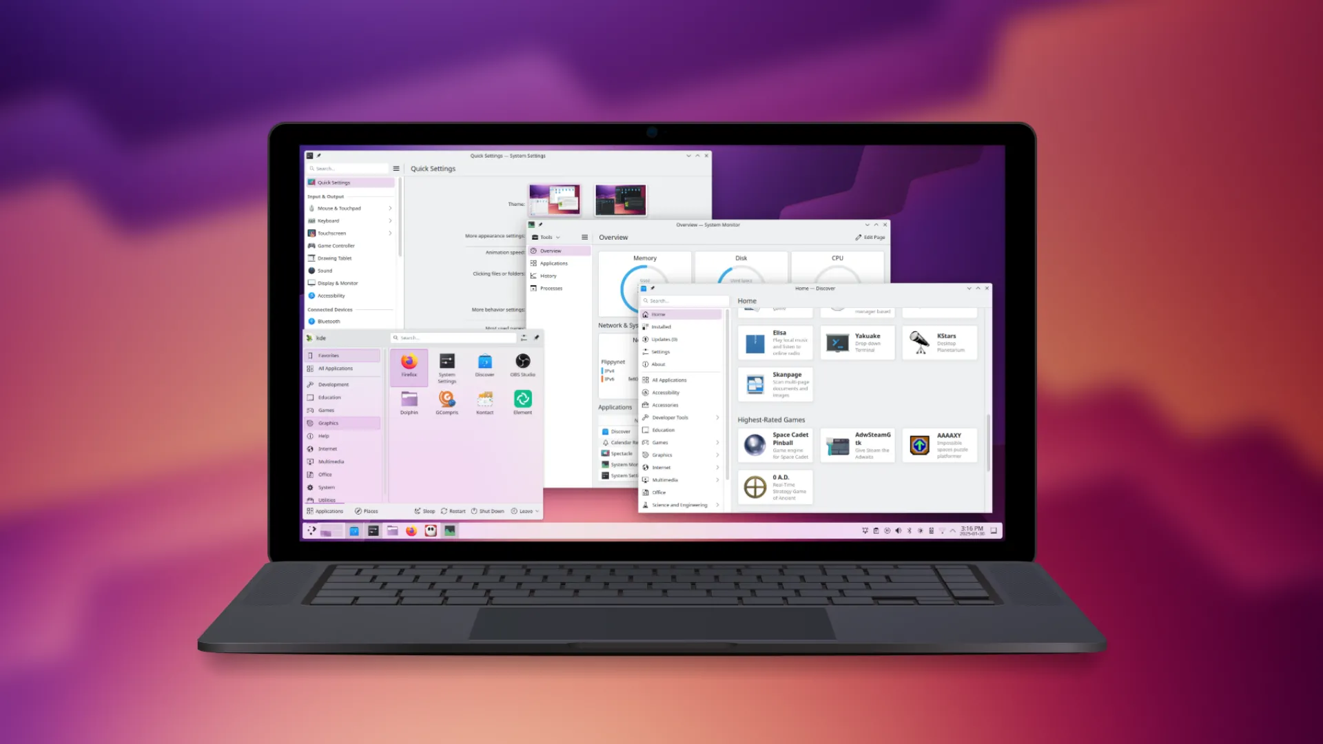 Màn hình desktop KDE Plasma trên một chiếc laptop với hình nền gradient tím và vàng