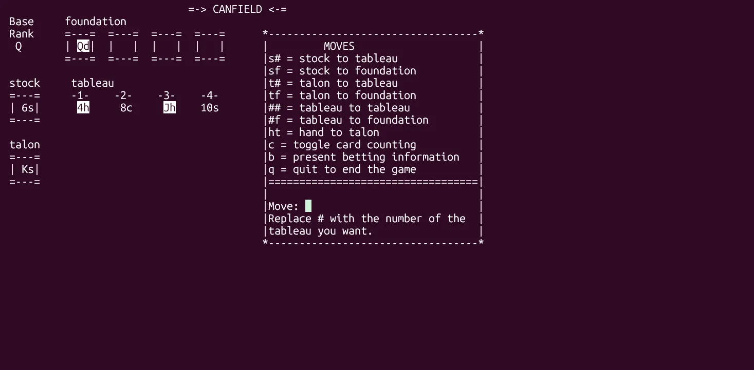 Màn hình game bài Canfield Solitaire của BSD Games, minh họa các quân bài được biểu diễn bằng ký tự trên terminal Linux.