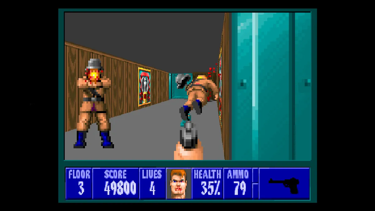 Màn hình game Wolfenstein 3D, với đồ họa 3D giả lập đặc trưng của game FPS đời đầu.