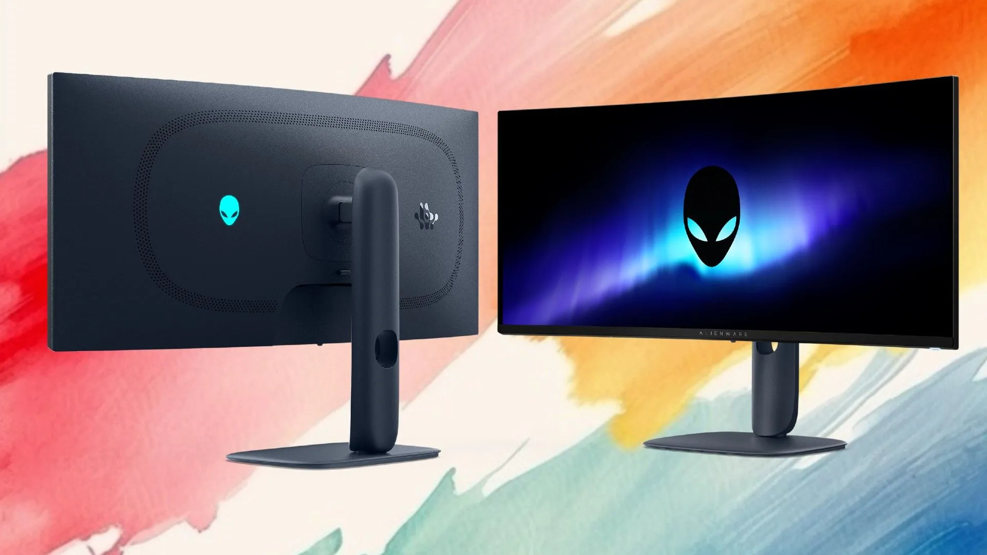 Màn hình gaming Alienware 34 inch QD-OLED 240Hz đặt trên nền màu hồng, vàng và xanh lá