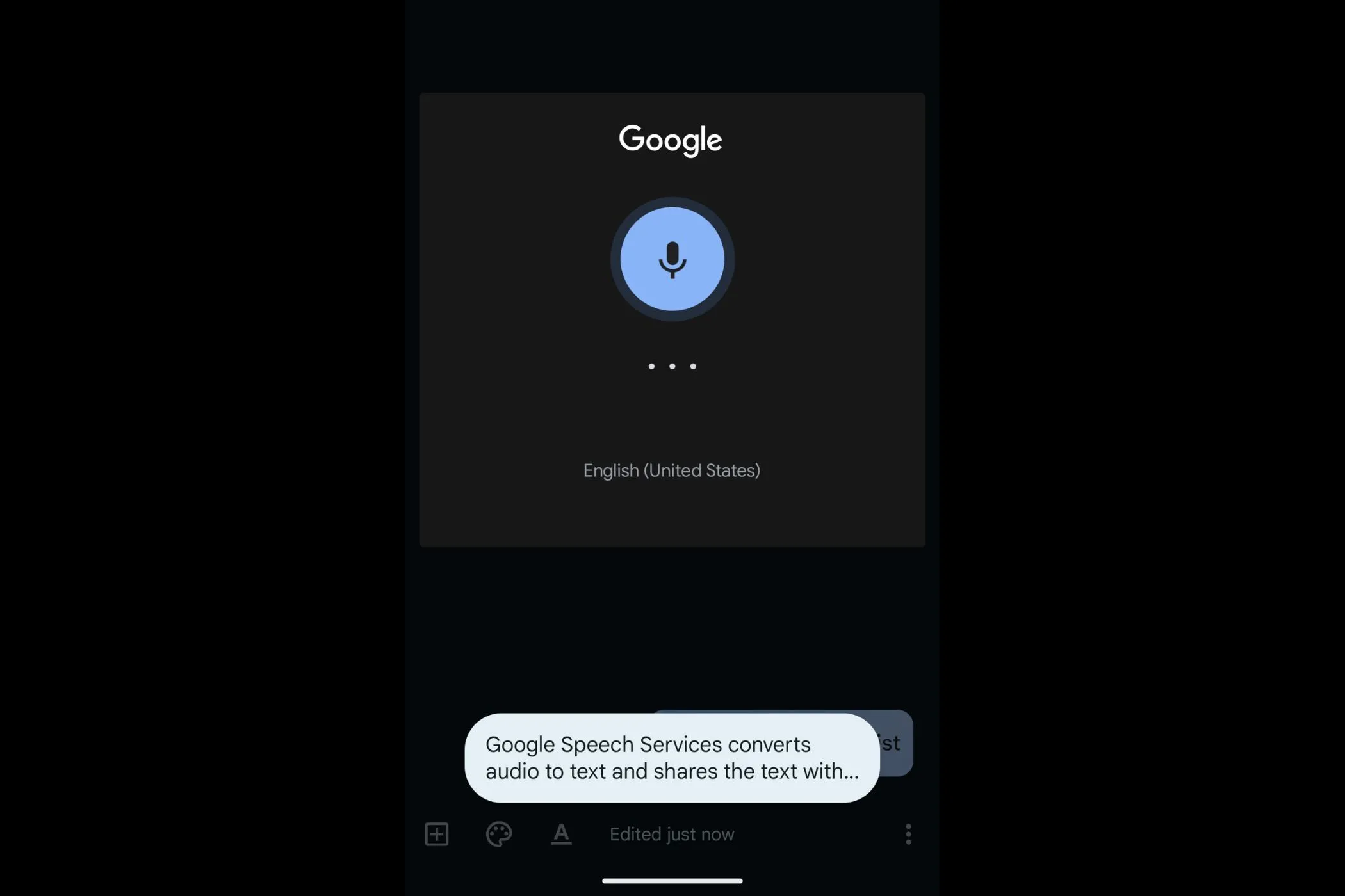 Màn hình ghi âm giọng nói đang hoạt động trong Google Keep, hiển thị quá trình chuyển đổi giọng nói thành văn bản.