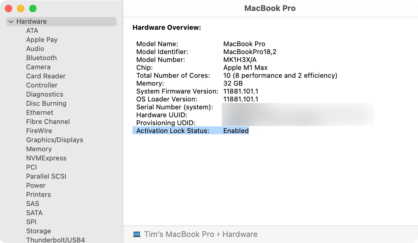 Màn hình hiển thị trạng thái Khóa Kích Hoạt (Activation Lock) trên MacBook Pro trong Thông tin hệ thống, cho thấy tình trạng &quot;Đã Vô Hiệu Hóa&quot; an toàn