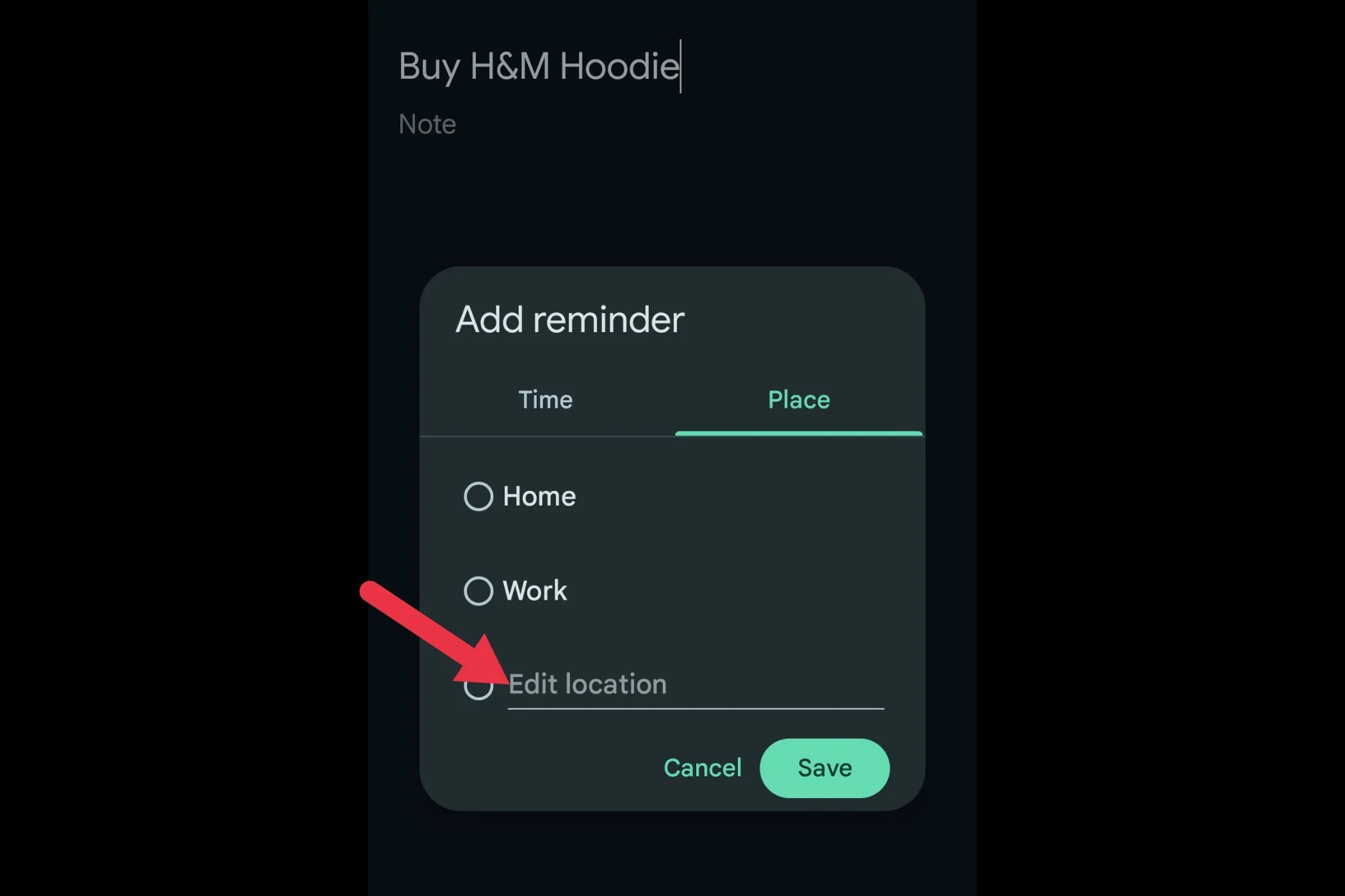 Màn hình nhập vị trí cụ thể khi cài đặt nhắc nhở theo địa điểm trong ứng dụng Google Keep.