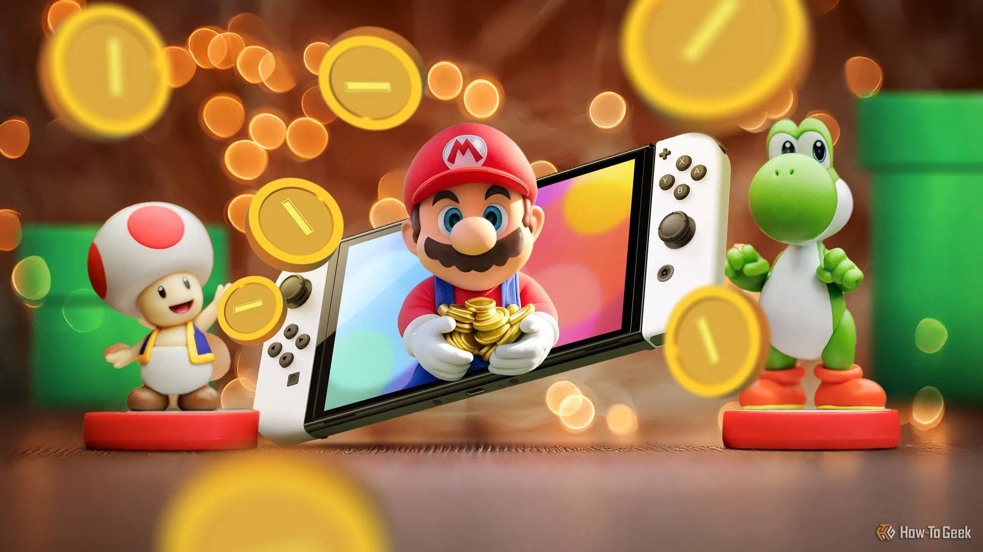 Màn hình Nintendo Switch hiển thị game Super Mario với các nhân vật quen thuộc như Mario, Toad, Yoshi và những đồng tiền vàng, minh họa cho thư viện game độc quyền chất lượng.