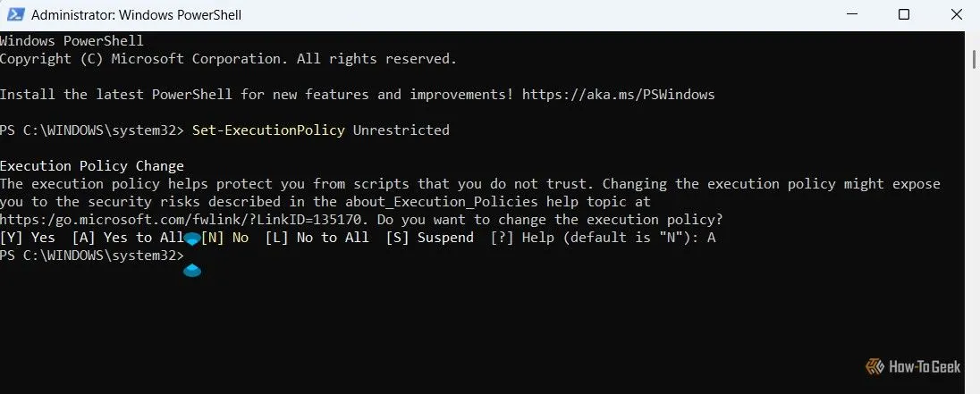Màn hình PowerShell hiển thị lệnh Set-ExecutionPolicy Unrestricted để gỡ bỏ hạn chế thực thi script.
