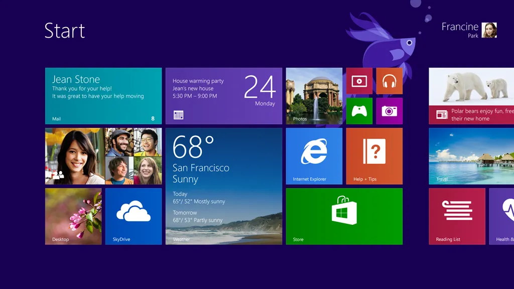 Màn hình Start Menu đầy màu sắc ở chế độ Tablet Mode trên Windows 10 hiển thị các ô ứng dụng, tiện ích thời tiết và lịch.