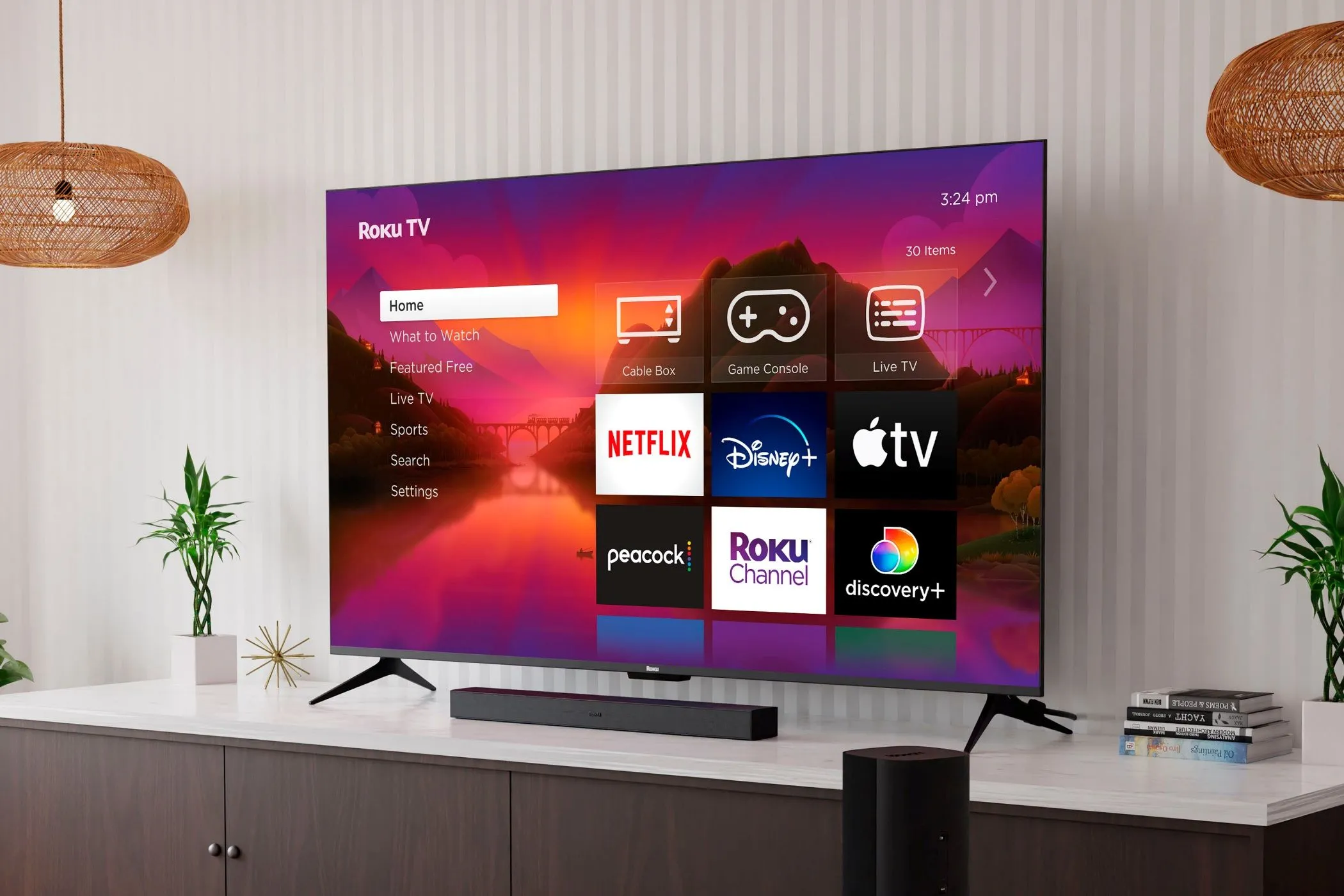Màn hình TV Roku Plus Series hiển thị giao diện giải trí