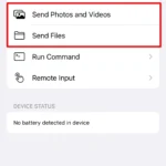 Màn hình ứng dụng KDE Connect trên iPhone hiển thị các tùy chọn "Gửi Ảnh & Video" và "Gửi Tệp" được khoanh đỏ