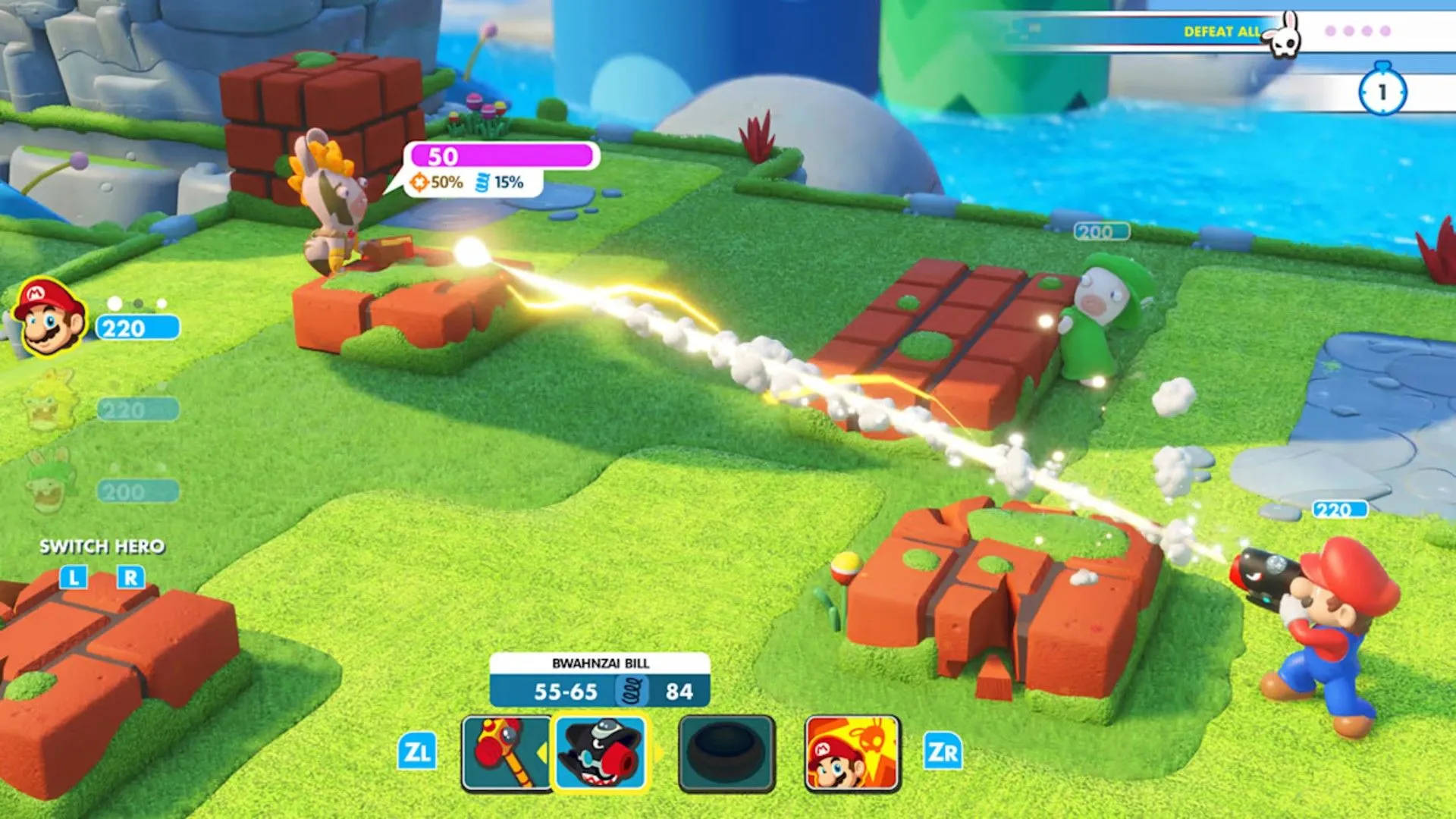 Mario tấn công Rabbid trong Mario + Rabbids Kingdom Battle, minh họa cơ chế chiến đấu theo lượt và sử dụng vật cản.