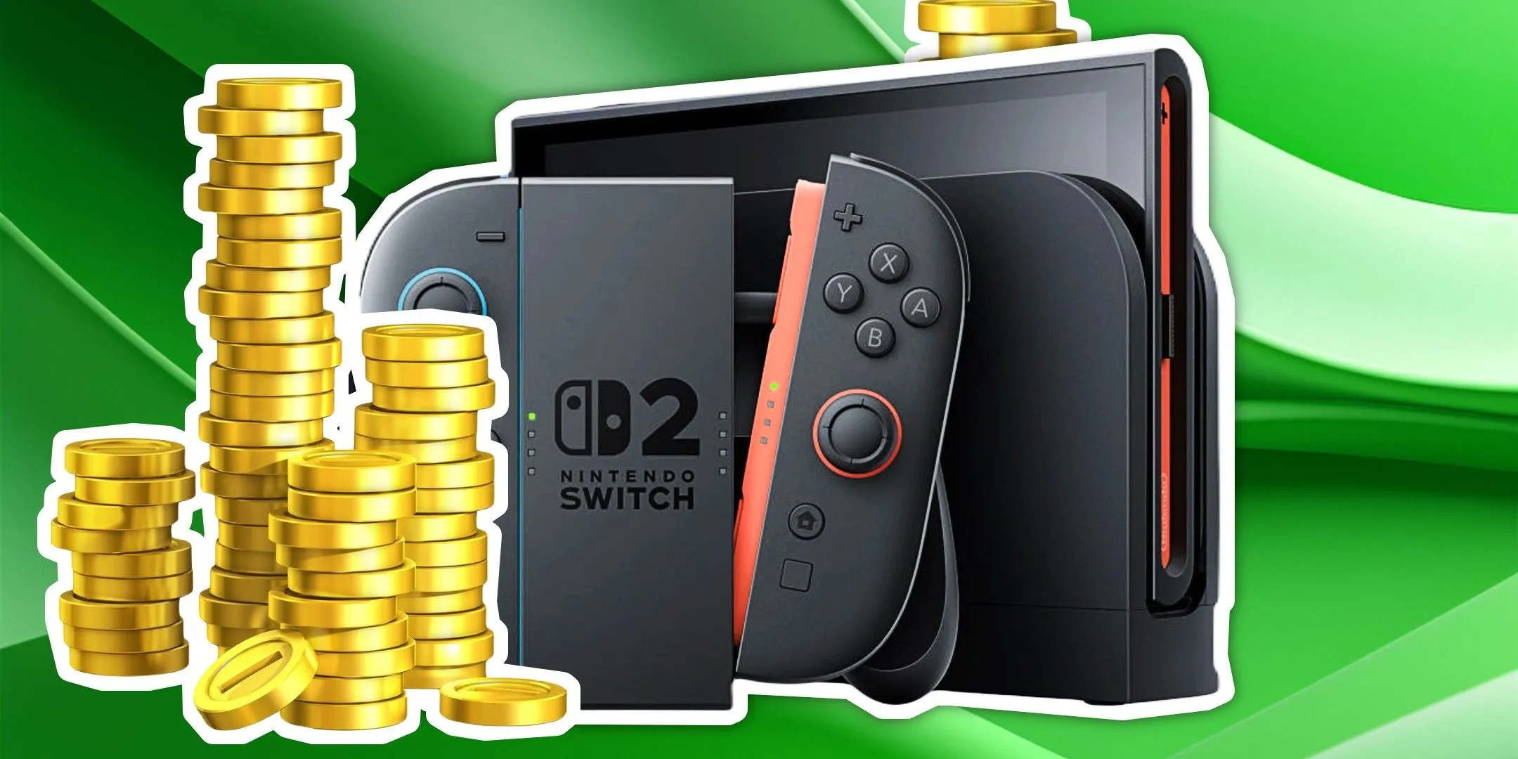 Máy chơi game Nintendo Switch đặt cạnh những đồng xu vàng, tượng trưng cho thành công vượt trội và doanh thu khổng lồ của nền tảng này.