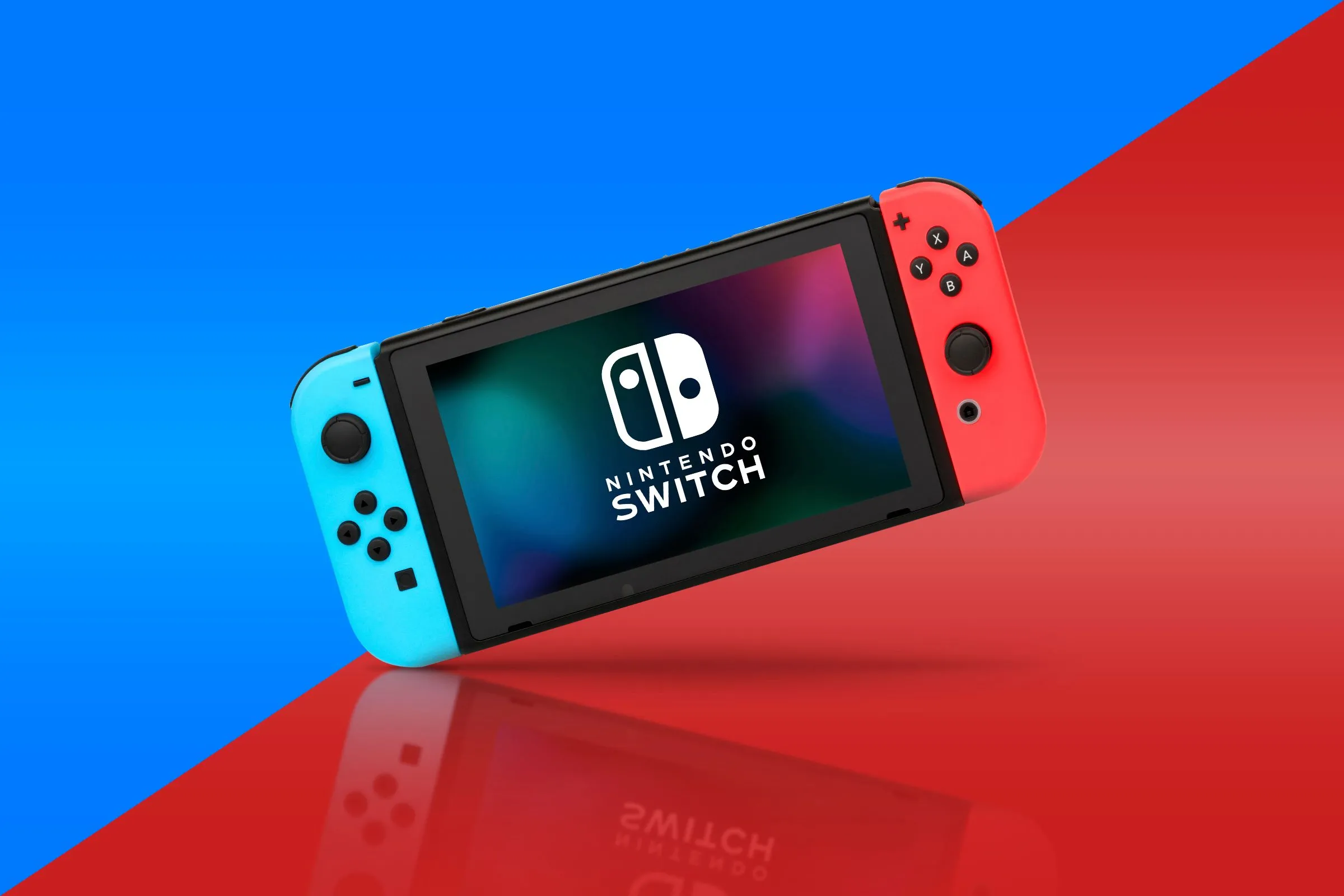 Máy chơi game Nintendo Switch với hai tay cầm Joy-Con màu xanh và đỏ