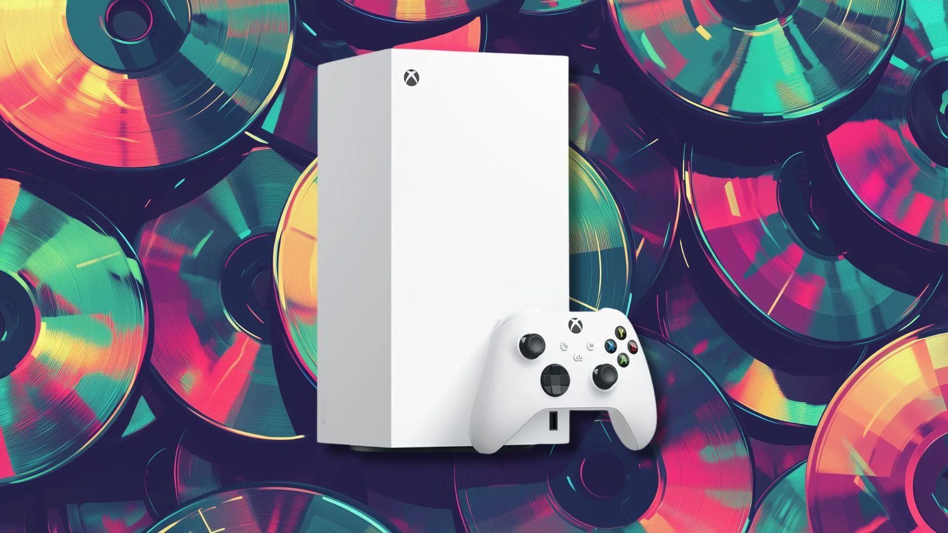 Máy chơi game Xbox Series X màu trắng đặt trên nền đĩa game CD