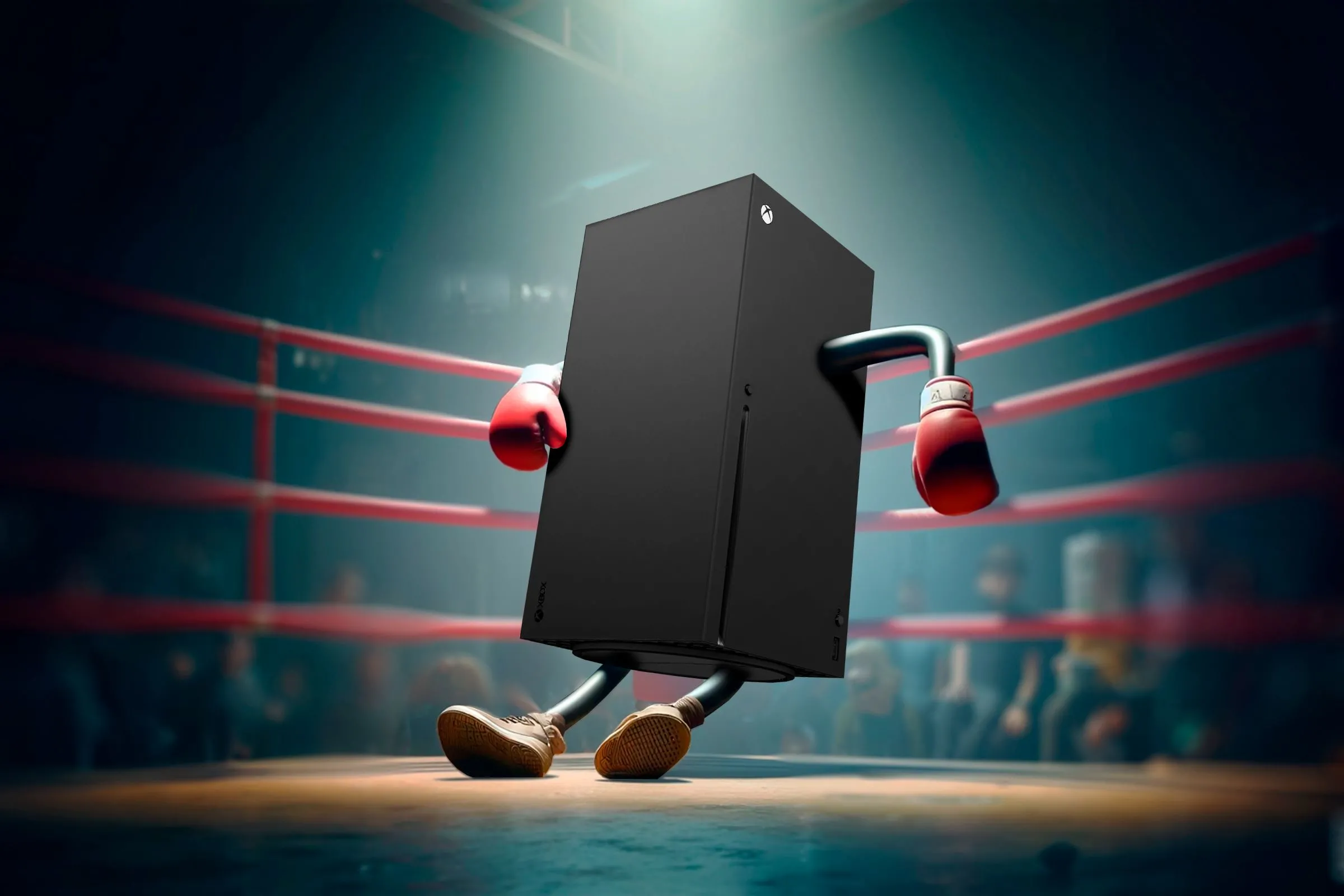 Máy chơi game Xbox Series X trong tư thế 'thua cuộc' trên sàn đấu boxing, thể hiện doanh số phần cứng không như mong đợi so với các đối thủ.