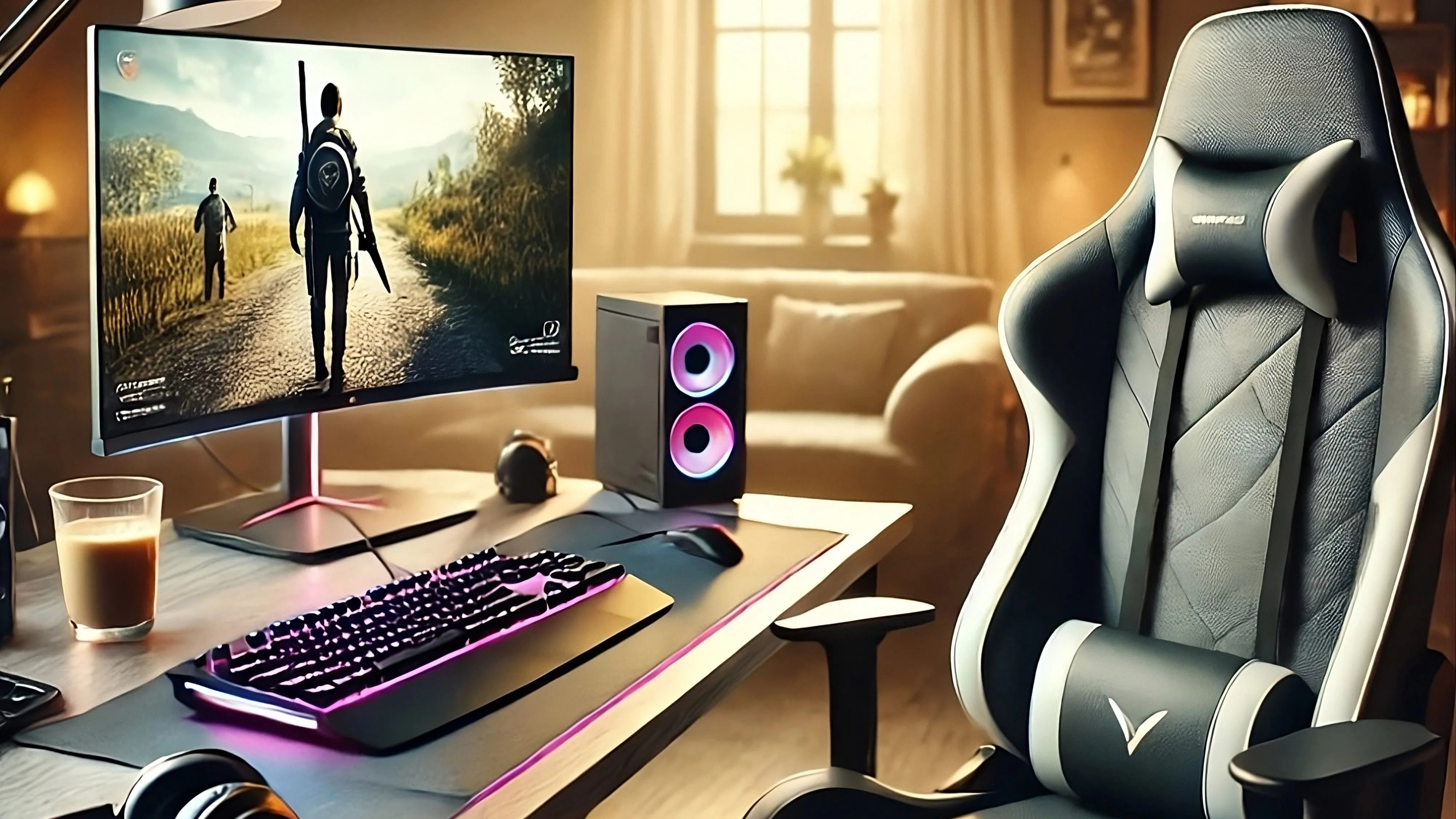 Máy tính chơi game và ghế gaming đặt trên bàn làm việc cùng cốc cà phê, cửa sổ với ánh nắng ban mai, khung cảnh yên bình thể hiện sự dễ dàng khi tự xây dựng PC tại nhà.