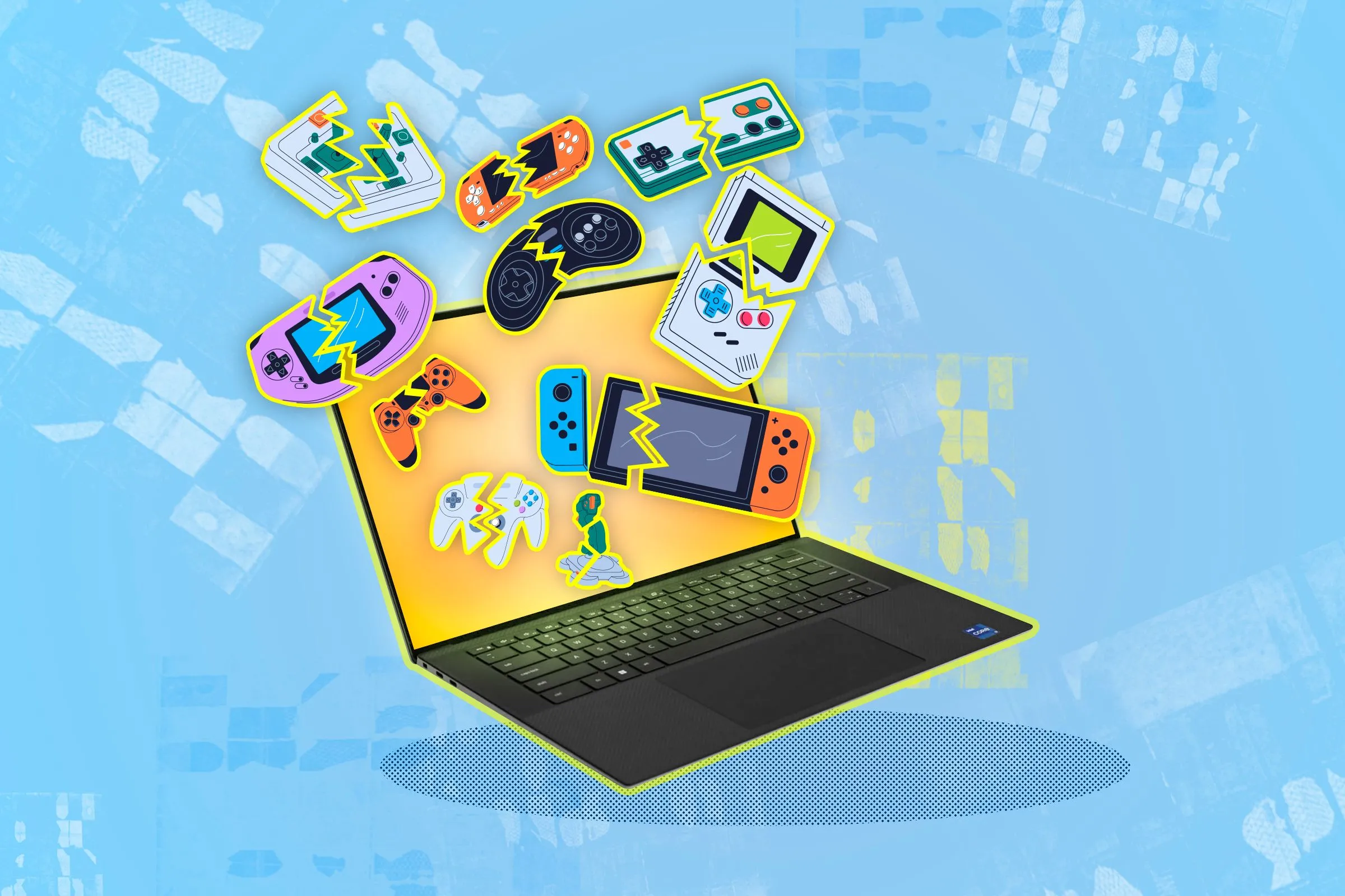 Máy tính xách tay với các tay cầm chơi game hỏng, tượng trưng cho khả năng giả lập và chơi game console cũ trên PC.