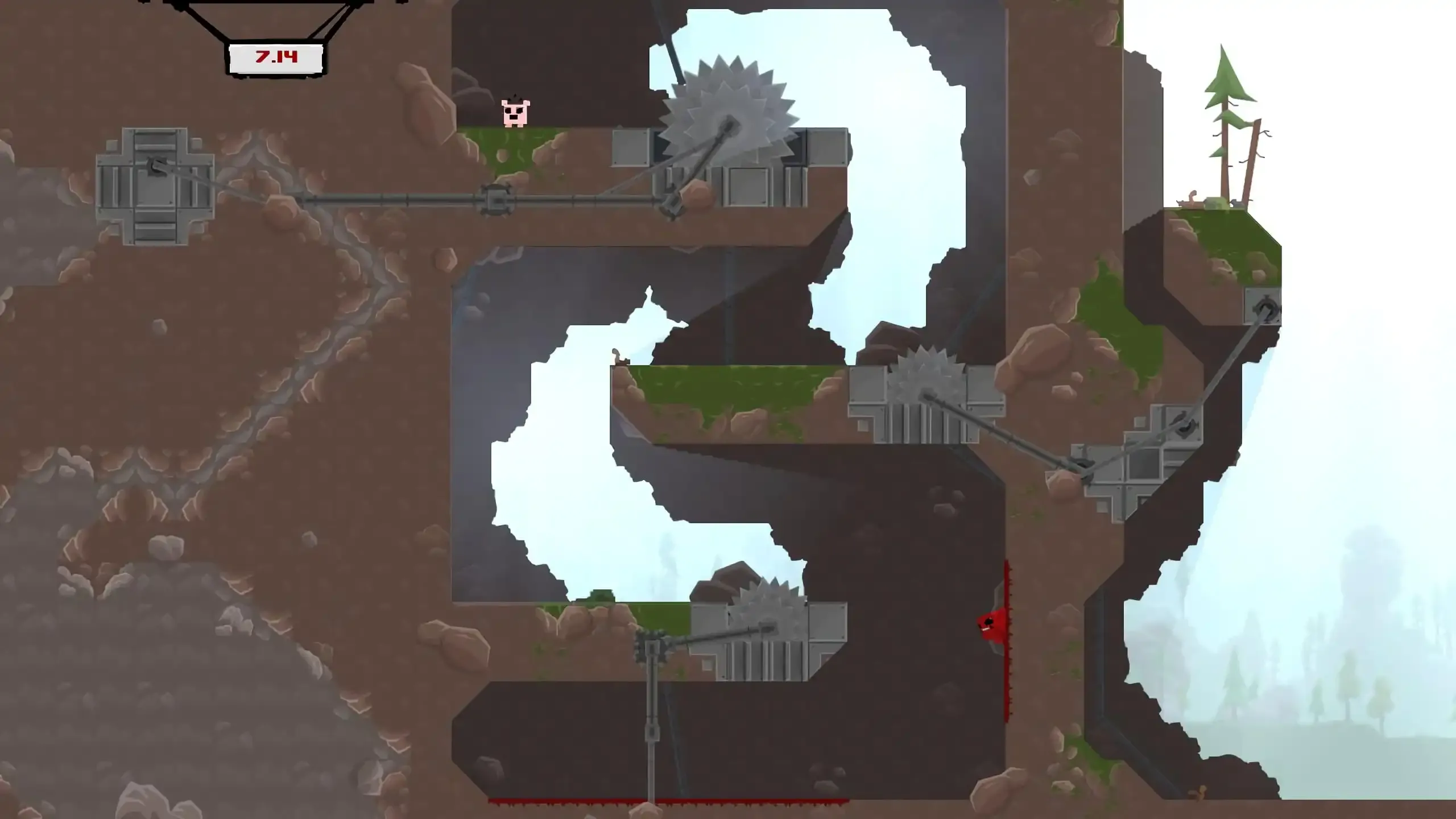 Meat Boy né tránh lưỡi cưa sắc bén trong một màn chơi đầy thử thách của Super Meat Boy trên Mac.