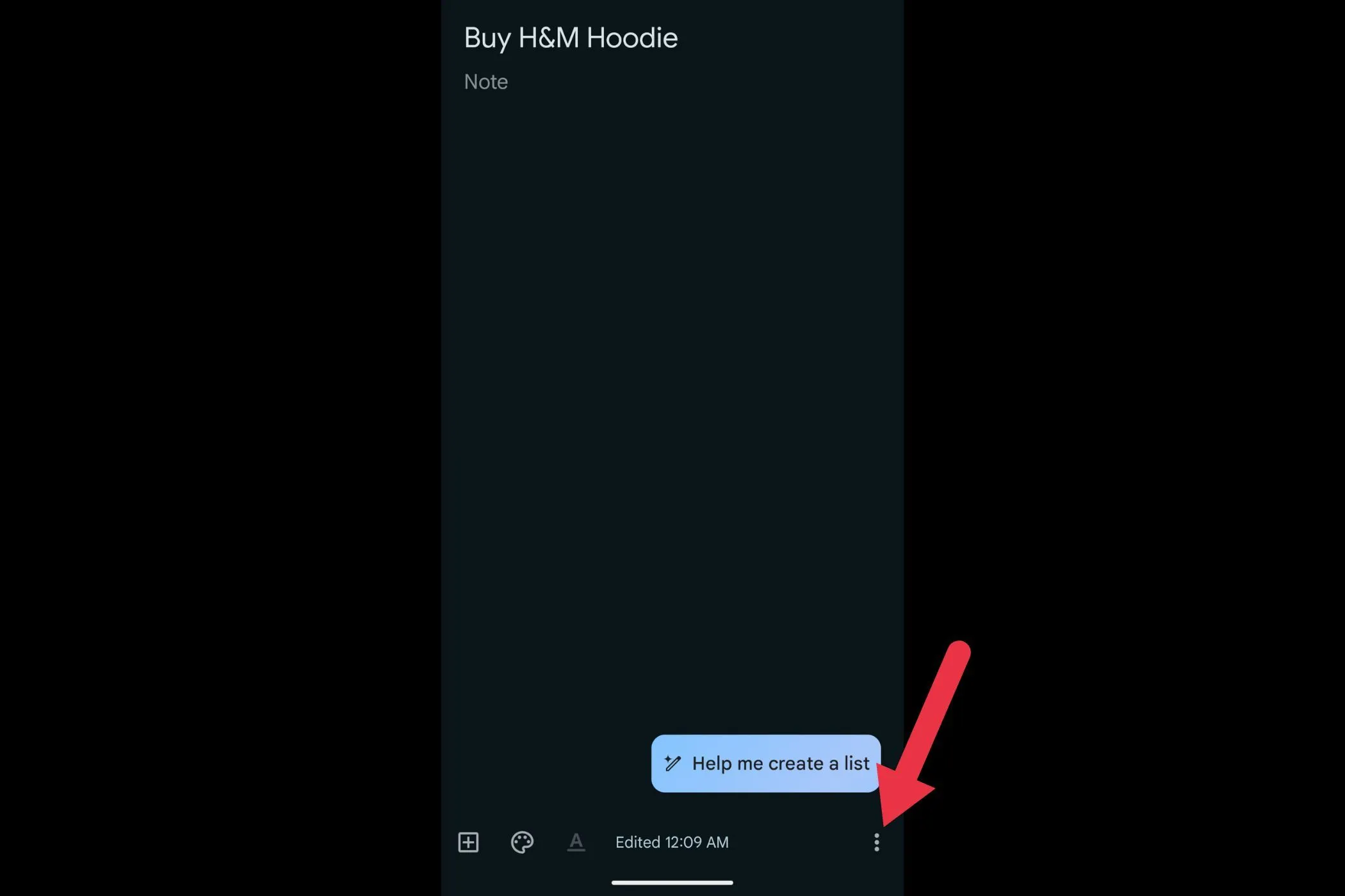 Menu ba chấm (tùy chọn khác) ở góc dưới bên phải ghi chú Google Keep, nơi truy cập các công cụ tổ chức ghi chú.