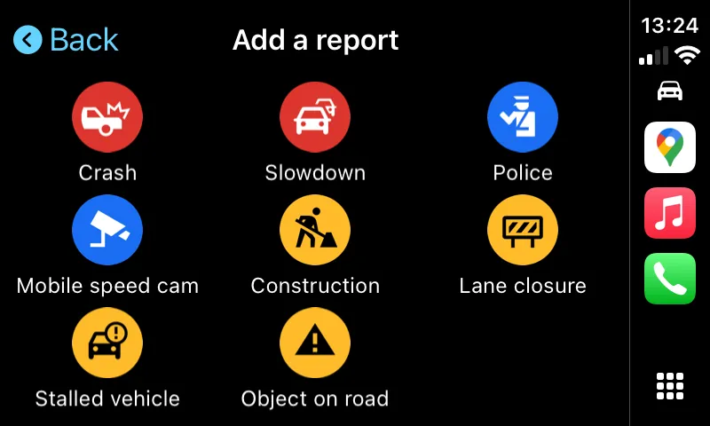 Menu báo cáo các sự cố hoặc nguy hiểm trên đường trong Google Maps CarPlay
