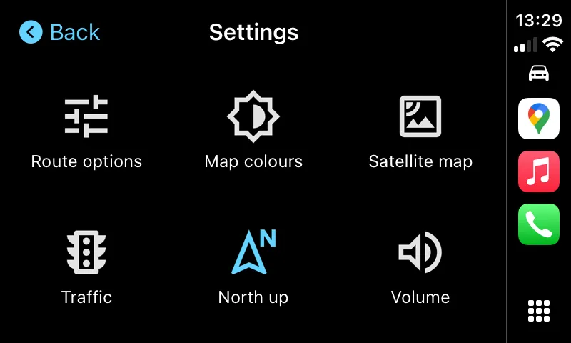 Menu cài đặt tùy chỉnh của ứng dụng Google Maps trong hệ thống Apple CarPlay