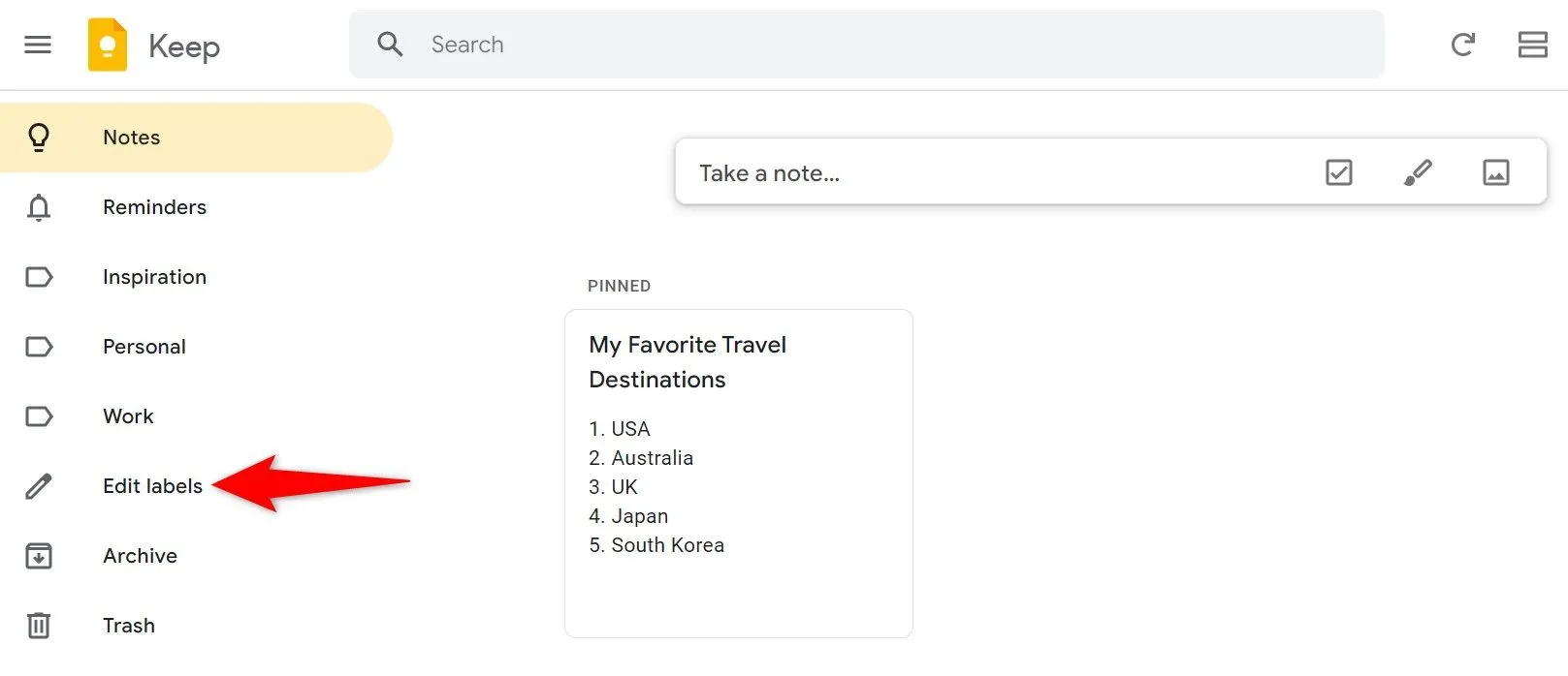 Menu chỉnh sửa nhãn trong ứng dụng Google Keep trên máy tính