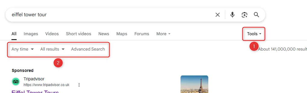 Menu &quot;Công cụ&quot; trên Google Search cung cấp các tùy chọn lọc theo thời gian, ngôn ngữ, hoặc mở rộng tìm kiếm nâng cao.