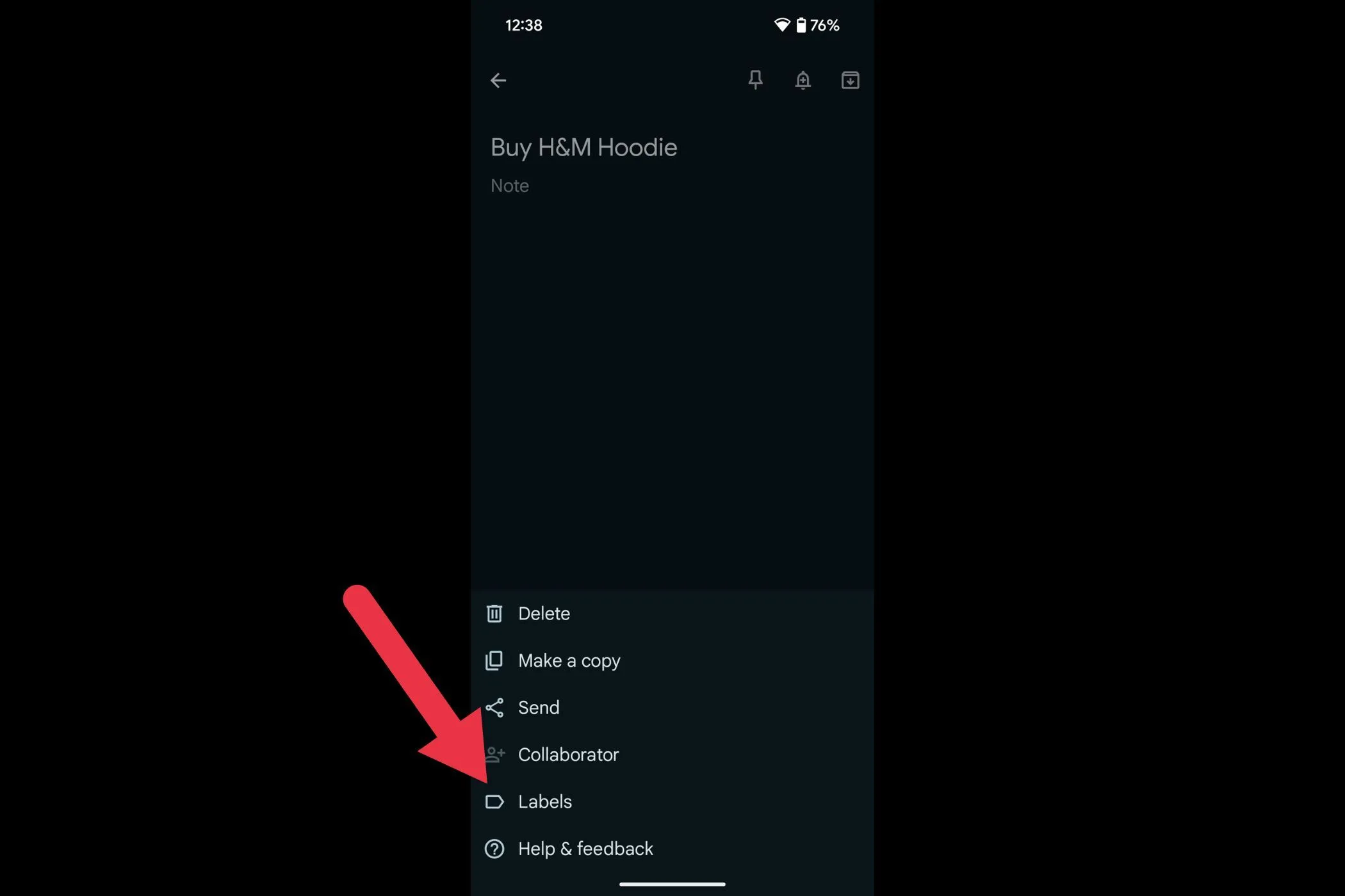 Menu &quot;Labels&quot; (Nhãn) trong Google Keep, cho phép người dùng thêm hoặc quản lý các nhãn phân loại ghi chú.