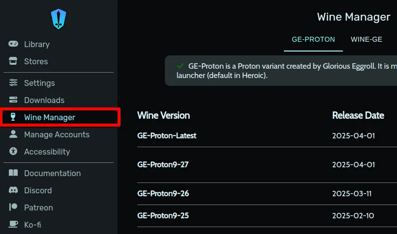 Menu &quot;Wine Manager&quot; trong Heroic Games Launcher để quản lý các phiên bản Proton và Wine.