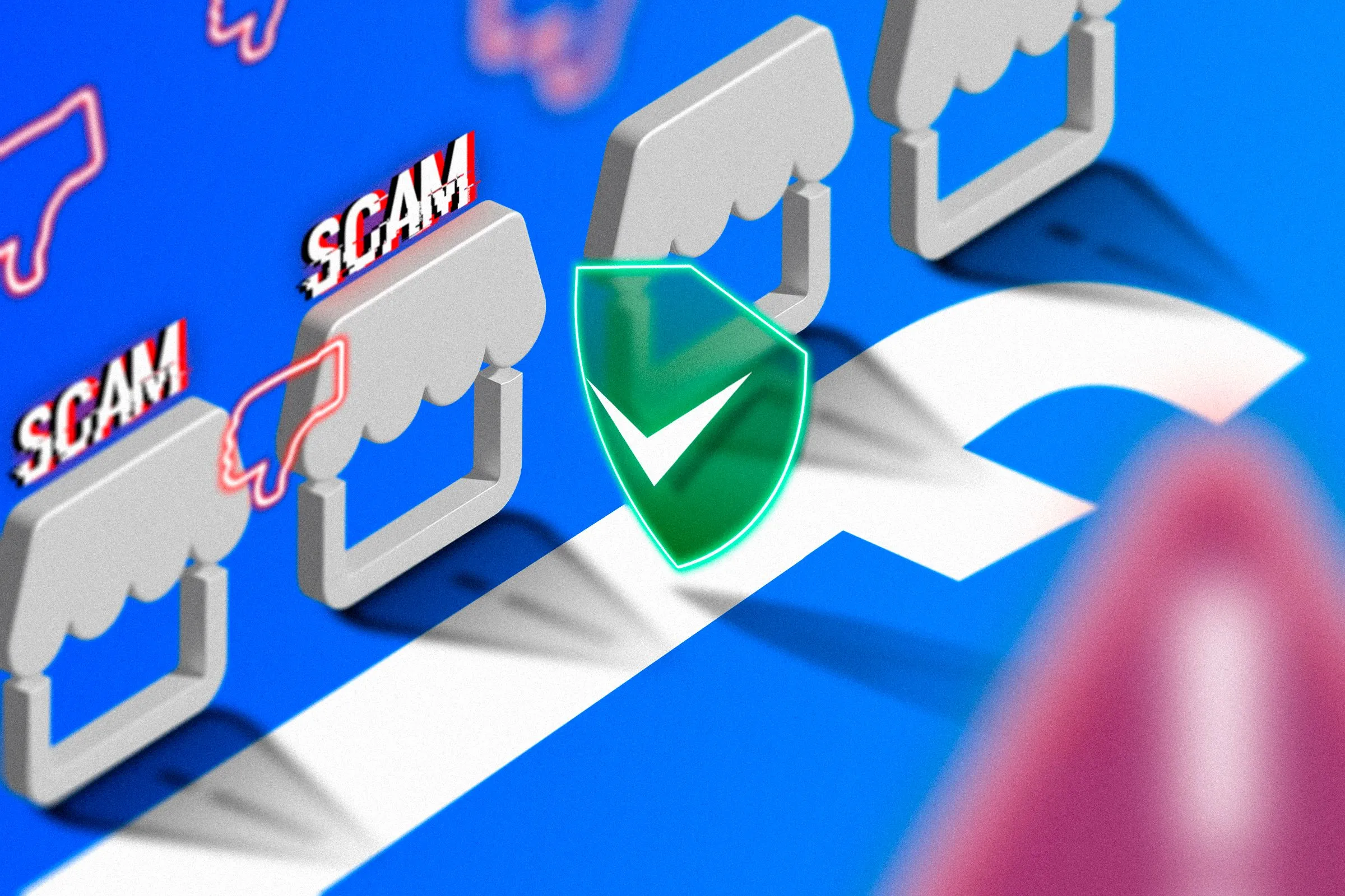 Minh họa các nền tảng chợ đồ cũ trực tuyến như Facebook Marketplace với biểu tượng spam và cảnh báo bảo mật, nêu bật rủi ro khi mua sắm tại đây