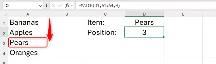 Minh họa cách dùng hàm MATCH Excel cơ bản để tìm vị trí của từ "Pears" trong danh sách trái cây, hiển thị công thức và kết quả.