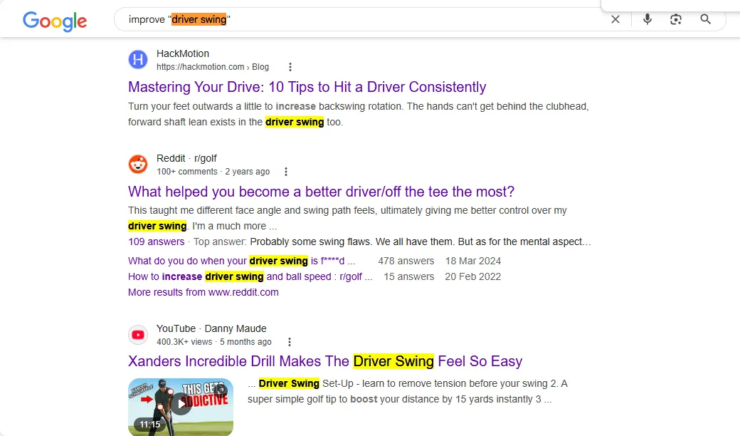 Minh họa kết quả tìm kiếm Google chính xác cho cụm từ &quot;driver swing&quot; khi được đặt trong dấu ngoặc kép, ưu tiên kết quả có thứ tự từ khóa.