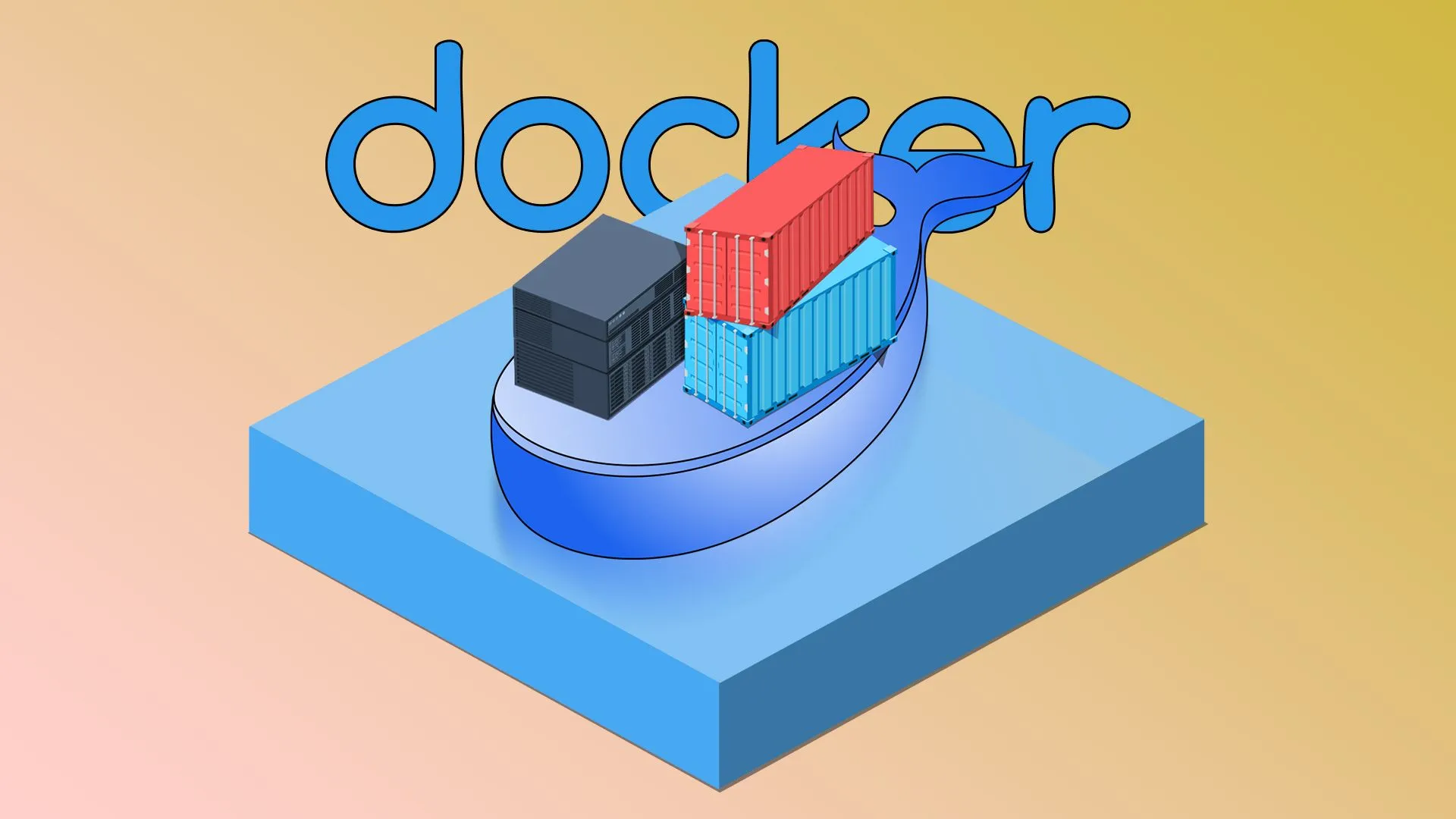 Minh họa logo Docker với hình ảnh cá voi chở container và máy chủ NAS