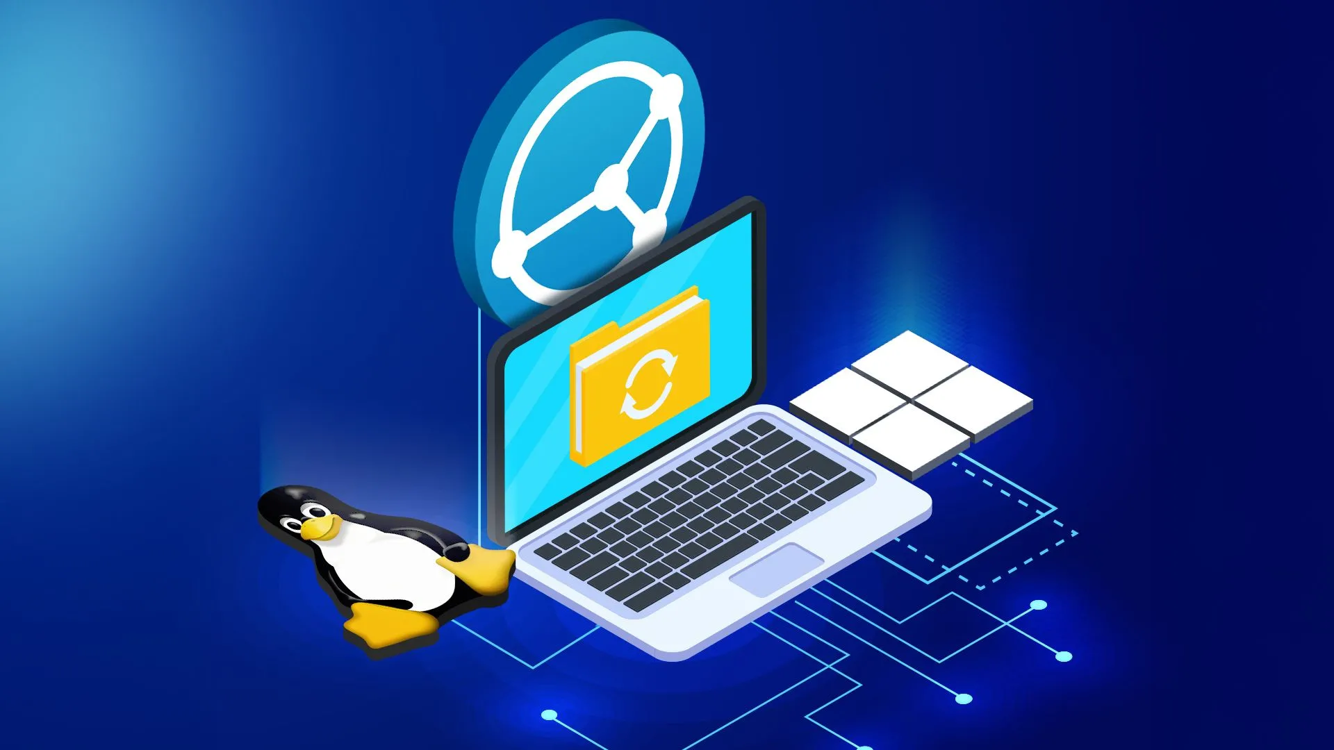 Minh họa Syncthing đồng bộ hóa dữ liệu giữa laptop, Windows và Linux, thể hiện khả năng kết nối đa nền tảng