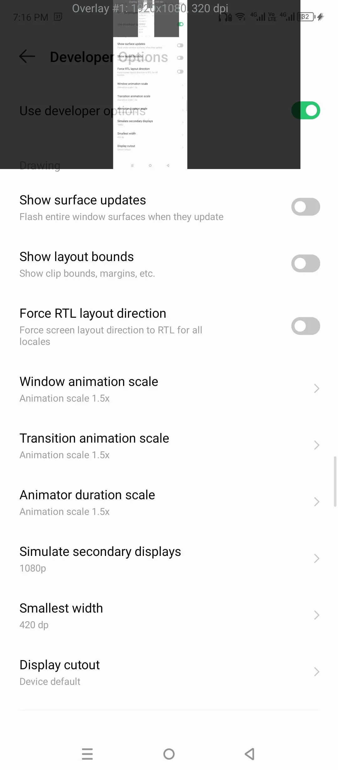 Mô phỏng màn hình phụ và các kích thước hiển thị khác nhau qua Tùy chọn nhà phát triển Android.
