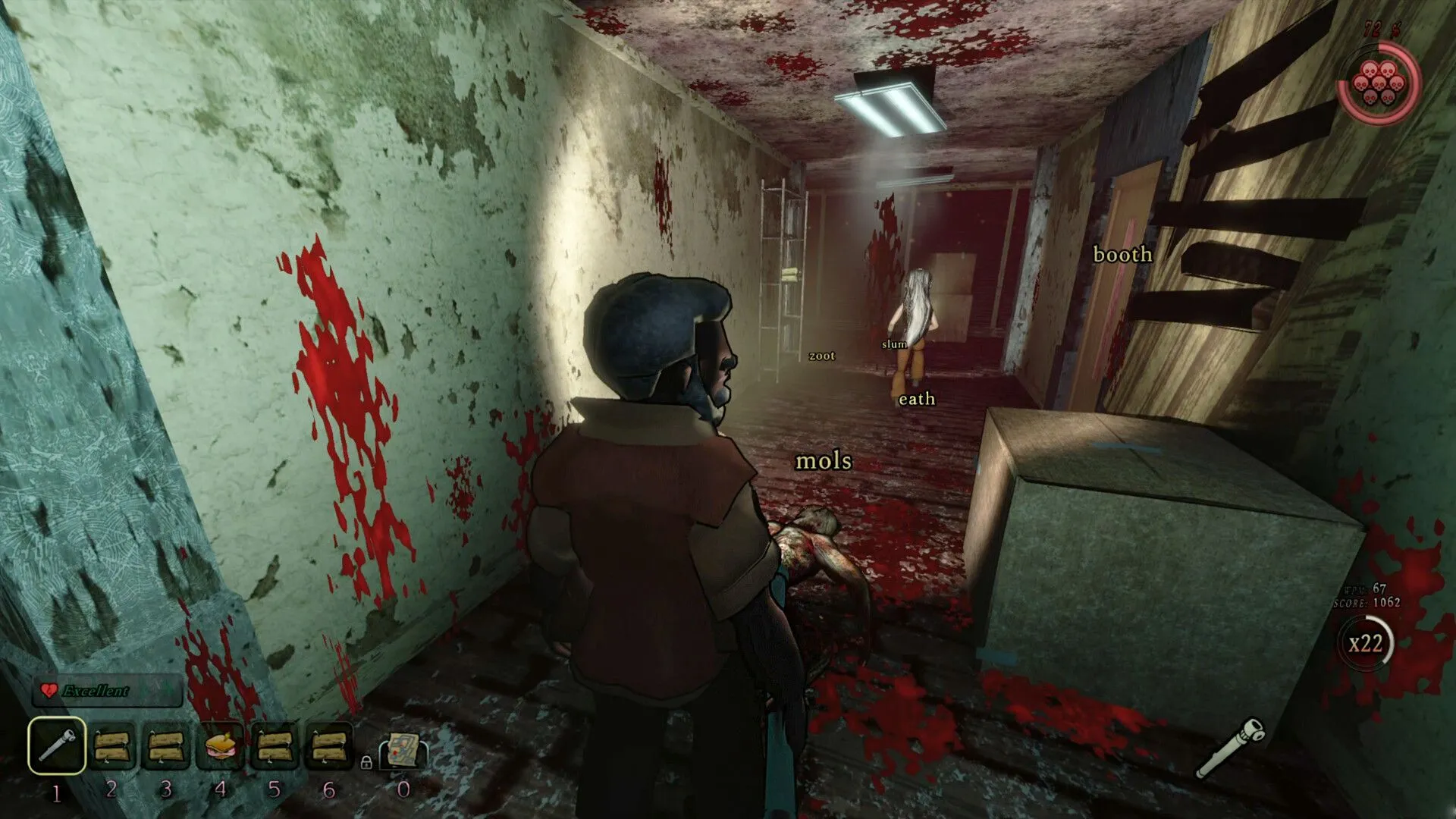Mô tả gameplay co-op trong game kinh dị Blood Typers, hiển thị giao diện gõ phím và quái vật