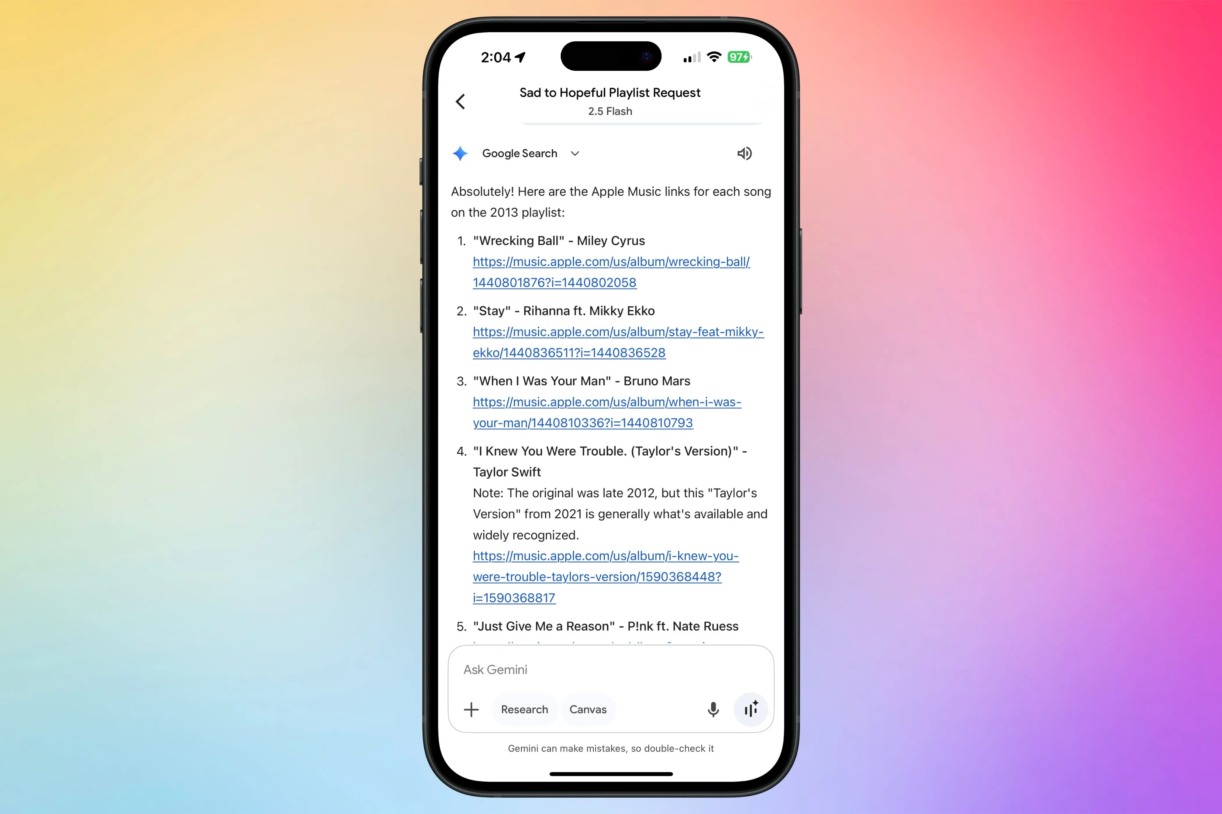 Mô tả Google Gemini đang tạo một danh sách phát nhạc và cung cấp các liên kết trực tiếp đến Apple Music cho từng bài hát, minh họa khả năng của AI bot độc lập.